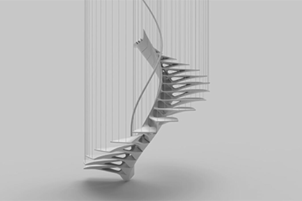 A floating concrete staircase hanging on wire ropes and reminiscent of a twisted spine against a light background.